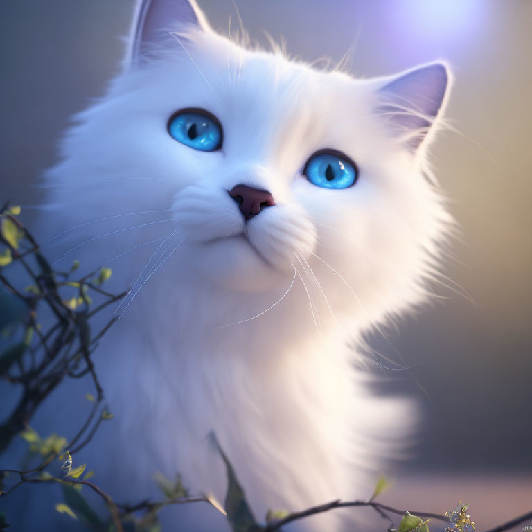 White Cat with Blue Eyes in Ethereal Light Among Branches