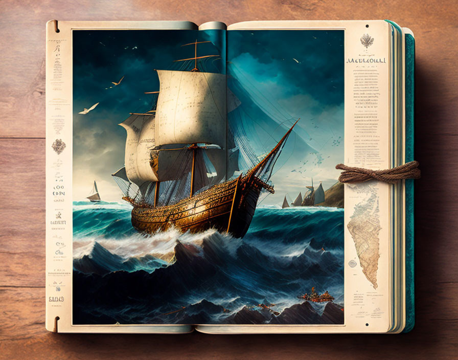 Realistic sailing ship illustration on open book with coastal scene