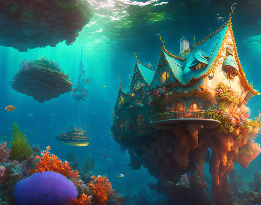 Whimsical coral-covered fantasy house in underwater scene