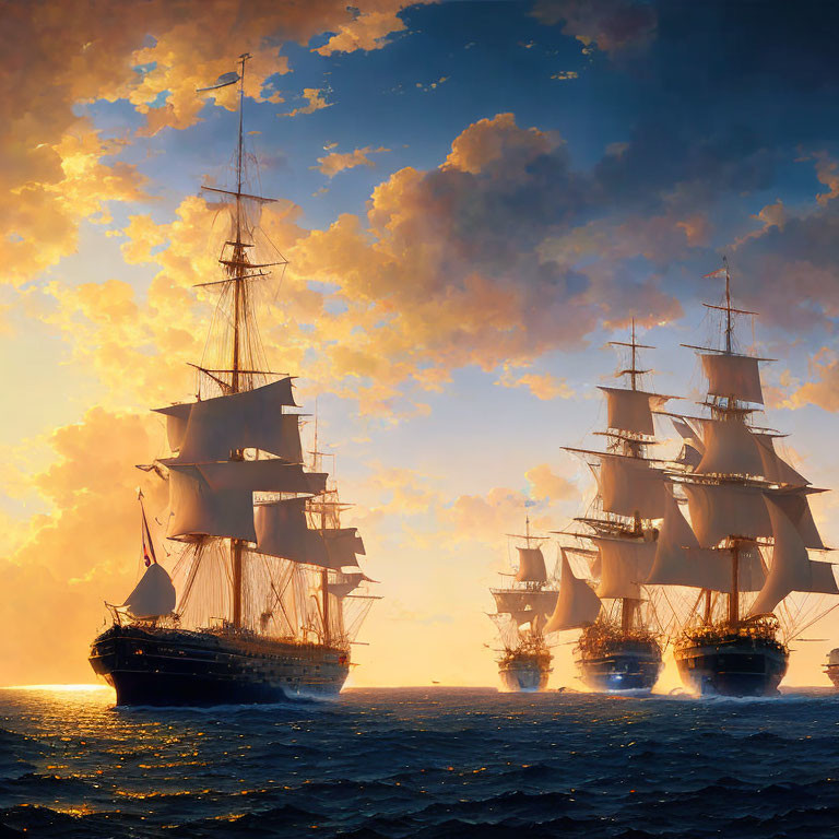 Majestic tall ships sailing on golden sea under dusky sky