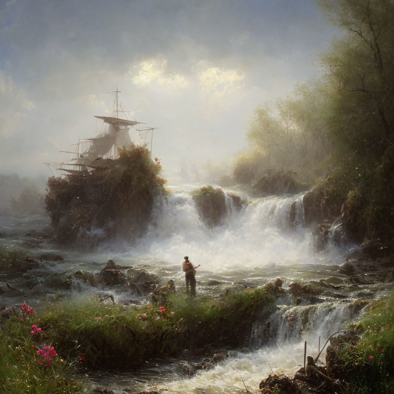 Tranquil landscape with waterfall, fisherman, and tall ship in misty waters