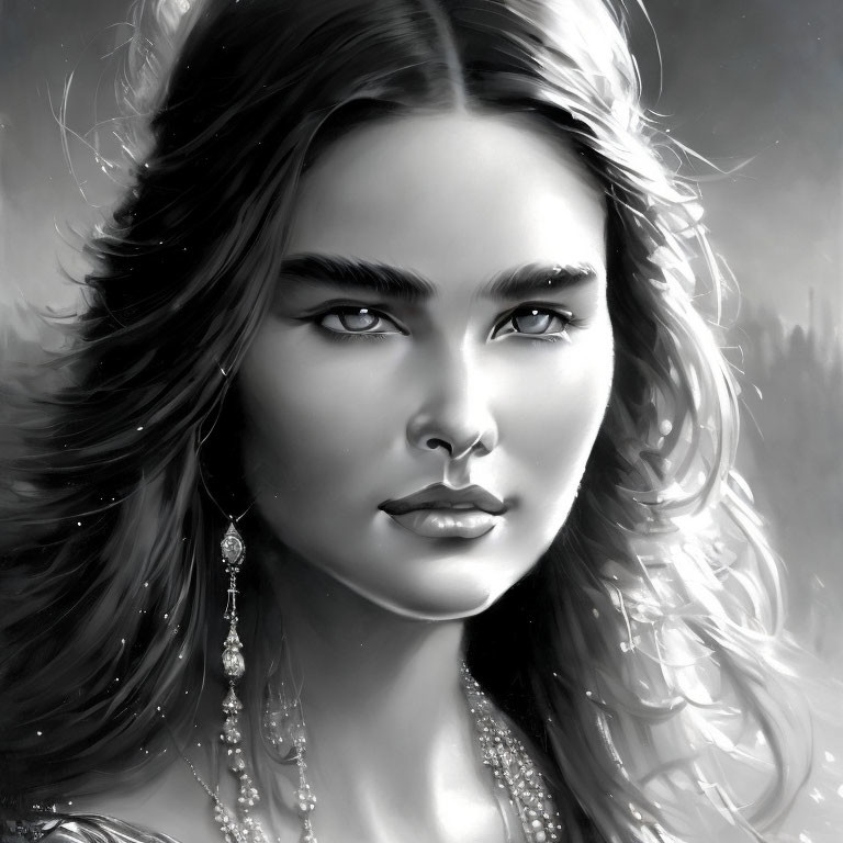Monochromatic portrait of a woman with intense eyes and elegant accessories against a mystical background