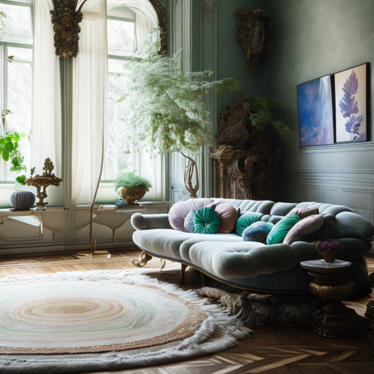 Stylish living room with blue sofa, colorful pillows, pastel rug, sheer curtains, classical