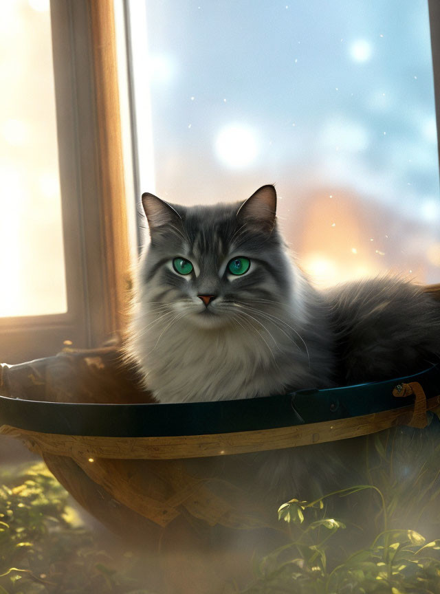 Grey and White Cat with Green Eyes in Wooden Basket by Sunny Window with Snowflakes
