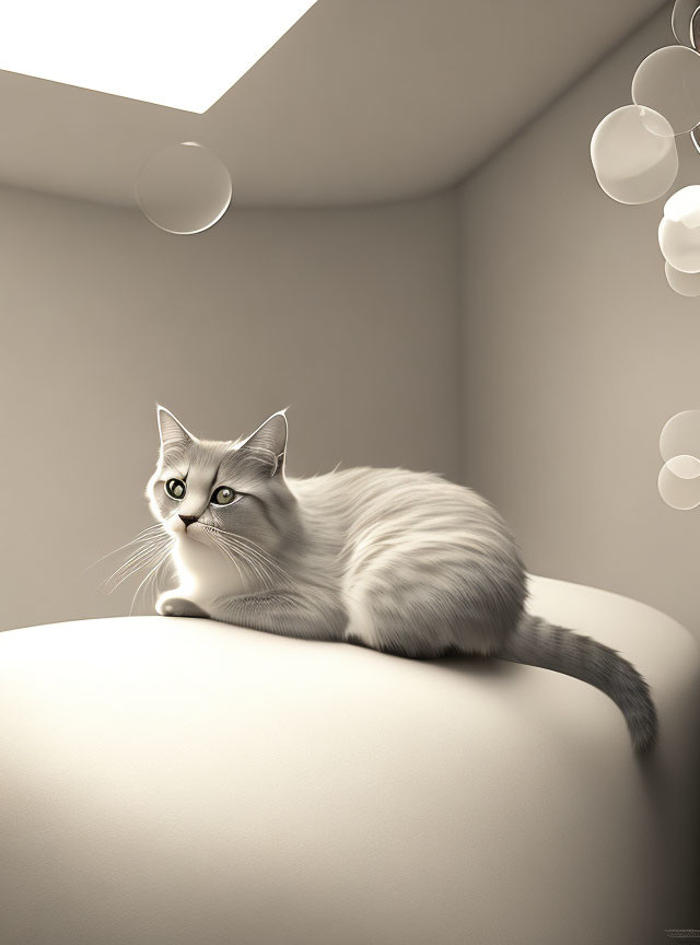 Fluffy white cat with unique markings on sofa, looking up, glowing orbs in background