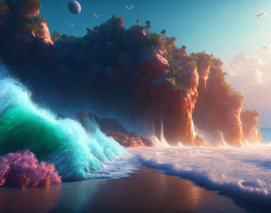 Tranquil beach scene with blue waves, red cliffs, coral reef, birds, and distant planet