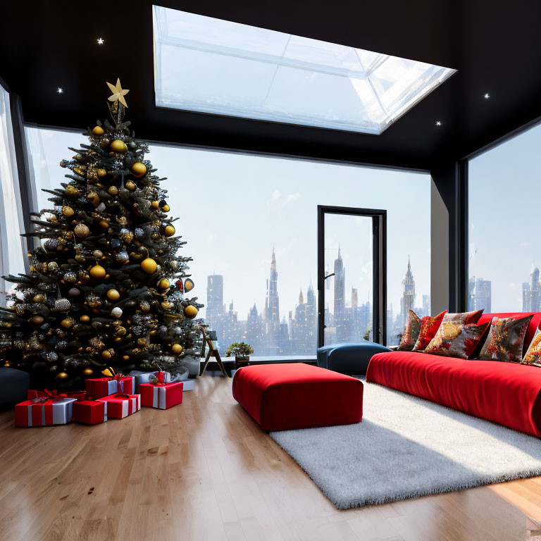 Christmas-themed modern living room with large tree, gifts, and skyline view.