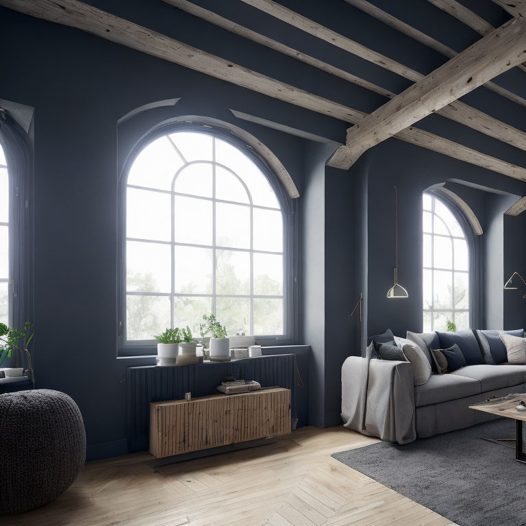Elegant Living Room with Dark Paneled Walls and Arched Window