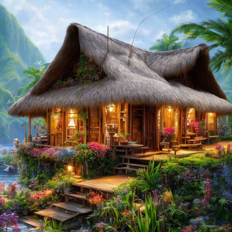 Tropical Thatched Roof Hut Surrounded by Lush Vegetation and Mountain Backdrop