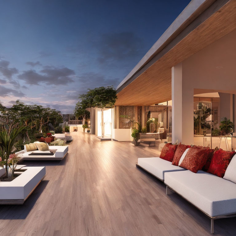Contemporary rooftop terrace with lounge chairs and indoor view at dusk