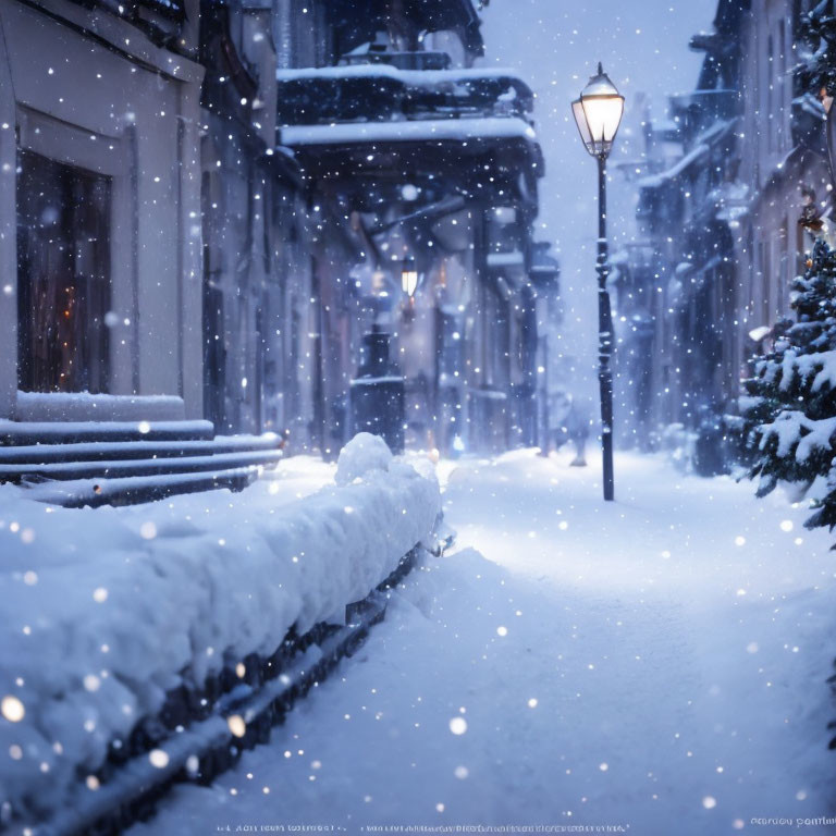 Snow-covered city street at night with glowing street lamp and falling snowflakes.