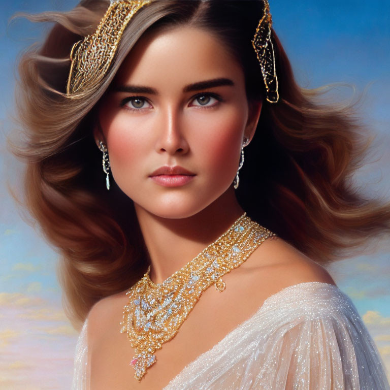 Elegant Woman Wearing Gold Jewelry and Headpiece with Brown Hair