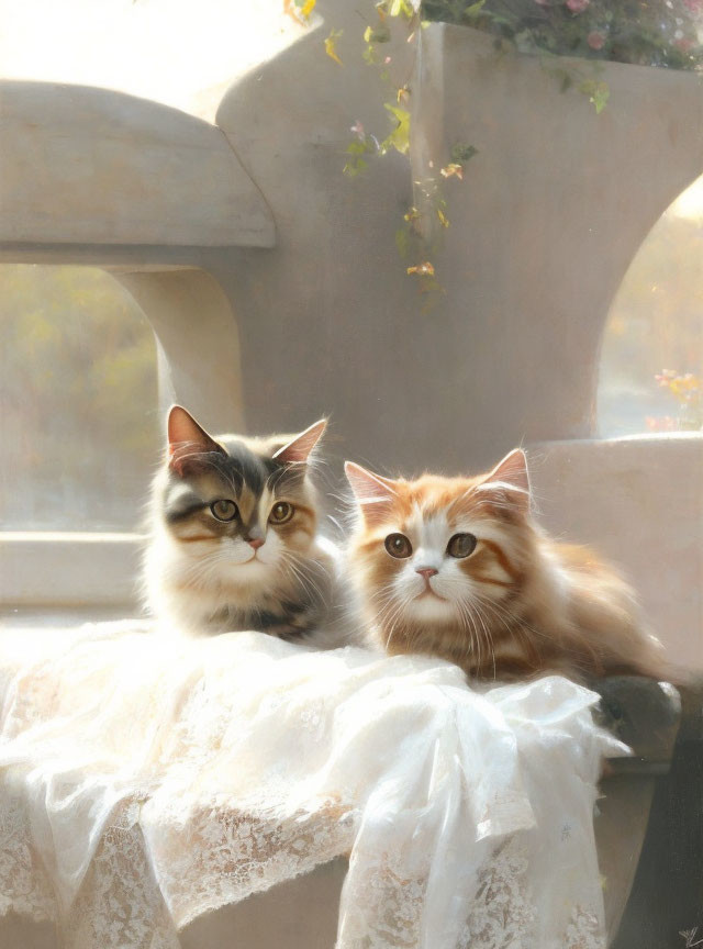 Fluffy Cats with Striking Eyes on Lace-Covered Window Ledge