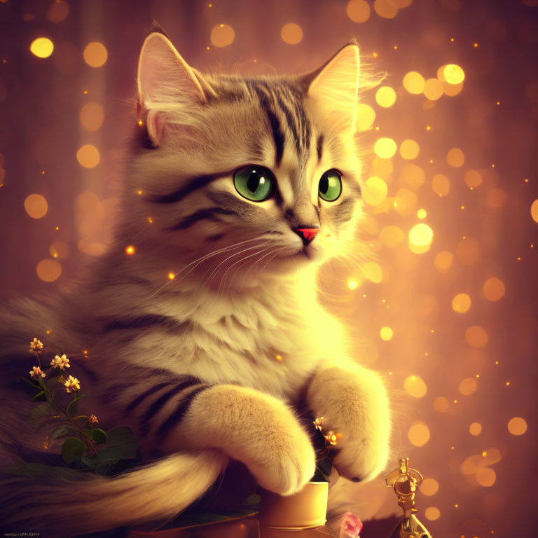 Tabby Cat with Green Eyes Beside Yellow Flowers and Bokeh Lights