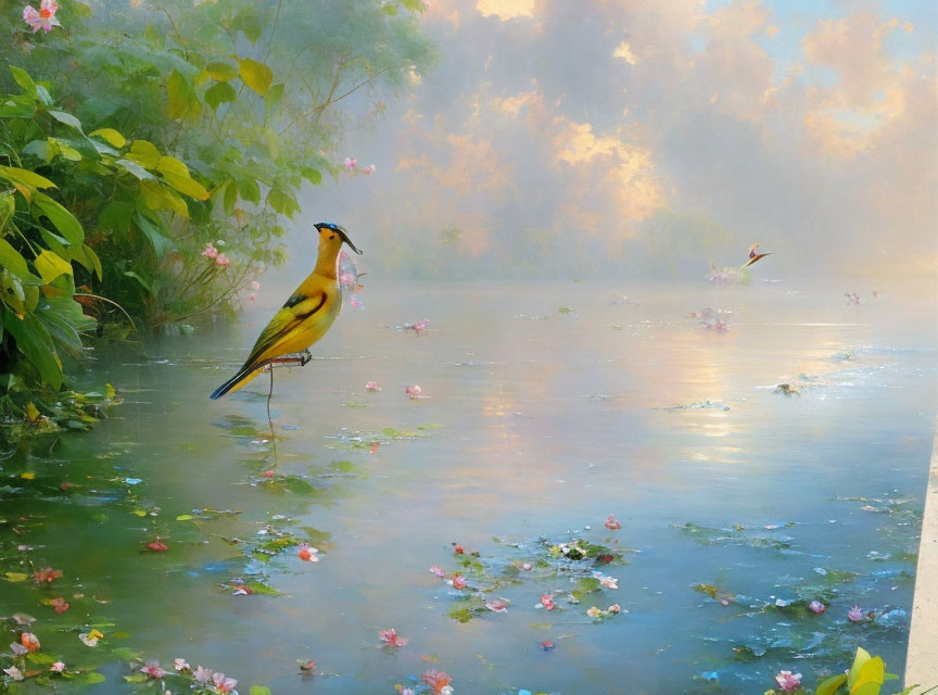 Colorful bird on twig over misty pond with flowers and foliage under hazy sky
