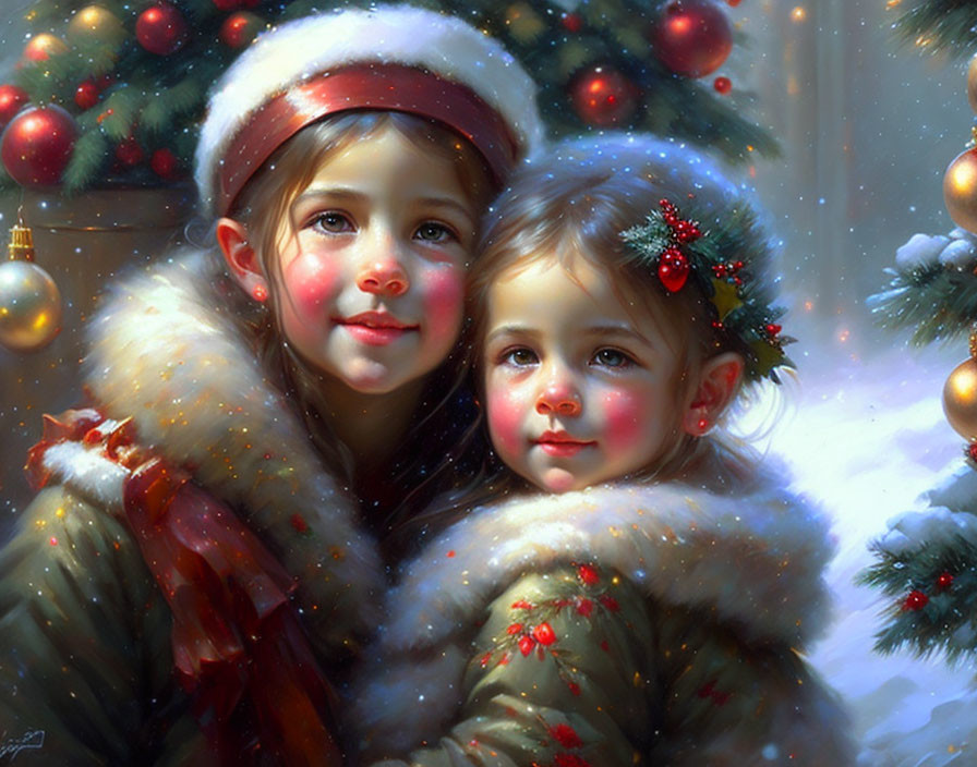 Two Smiling Girls in Winter Attire with Festive Hair Decorations in Snowy Christmas Setting