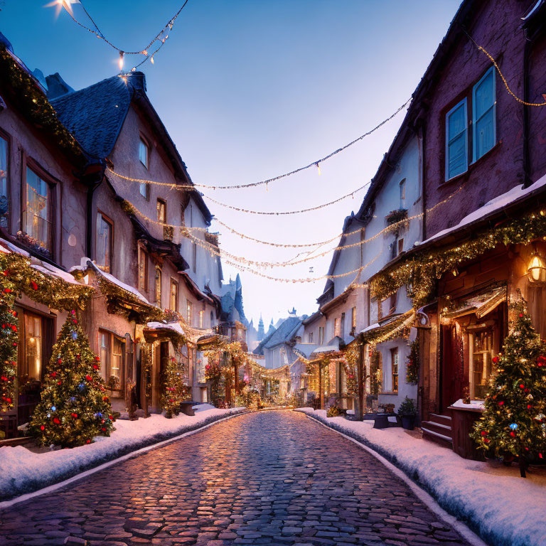 Snow-dusted cobblestone street with Christmas decorations and lights