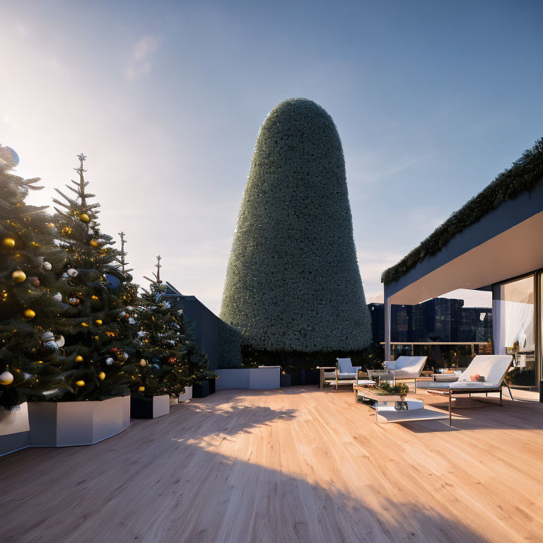 Contemporary outdoor terrace with Christmas decor and seamless indoor transition