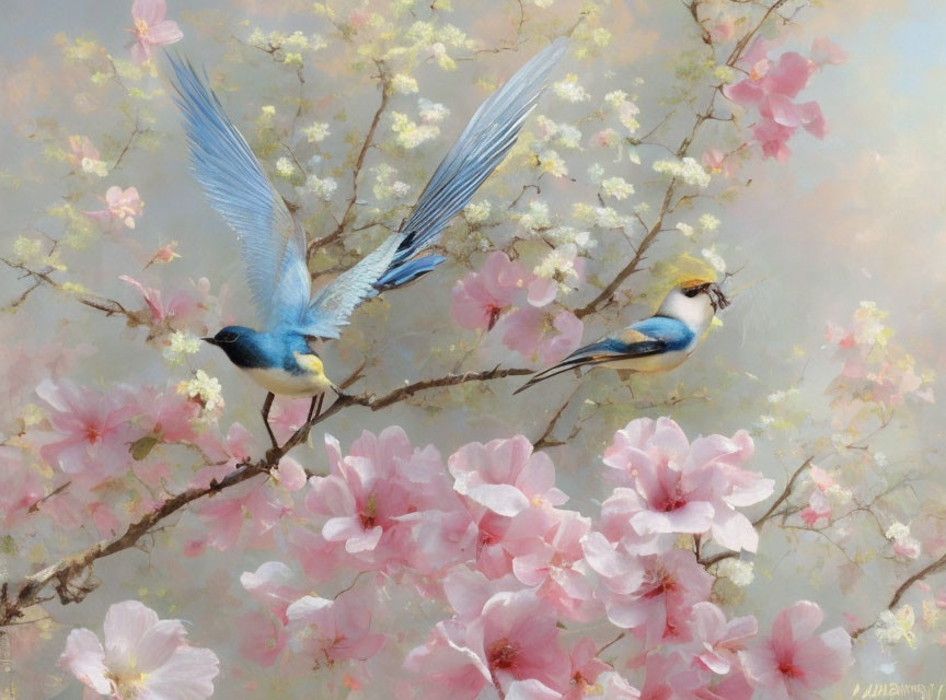 Vibrant bluebirds flying among pink blossoming branches carrying nesting material