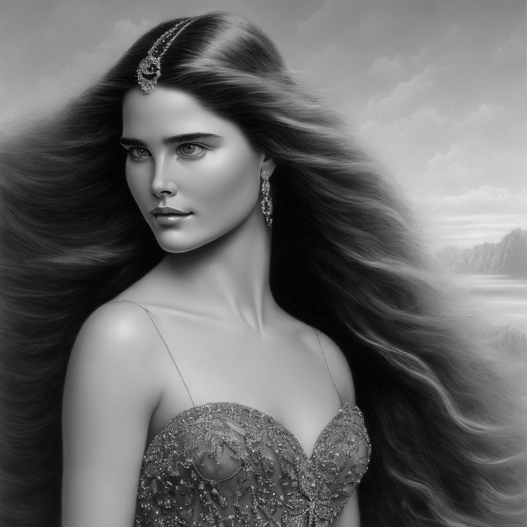 Monochrome image of woman with flowing hair and elegant jewelry.