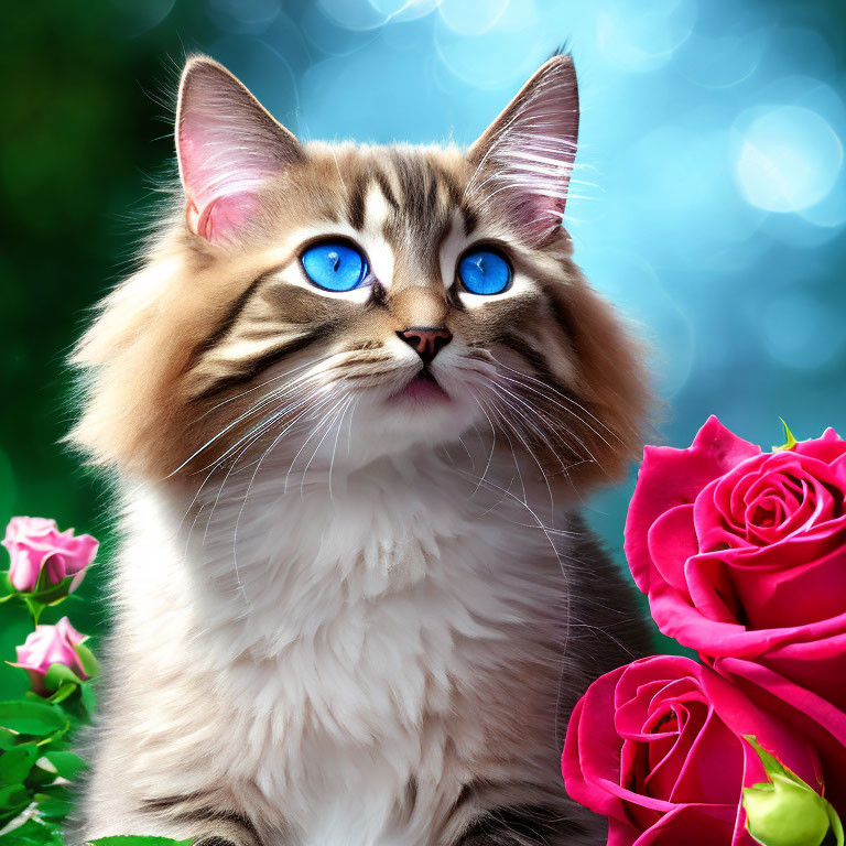 Fluffy Tabby Cat with Blue Eyes Among Pink Roses on Blue Bokeh Background