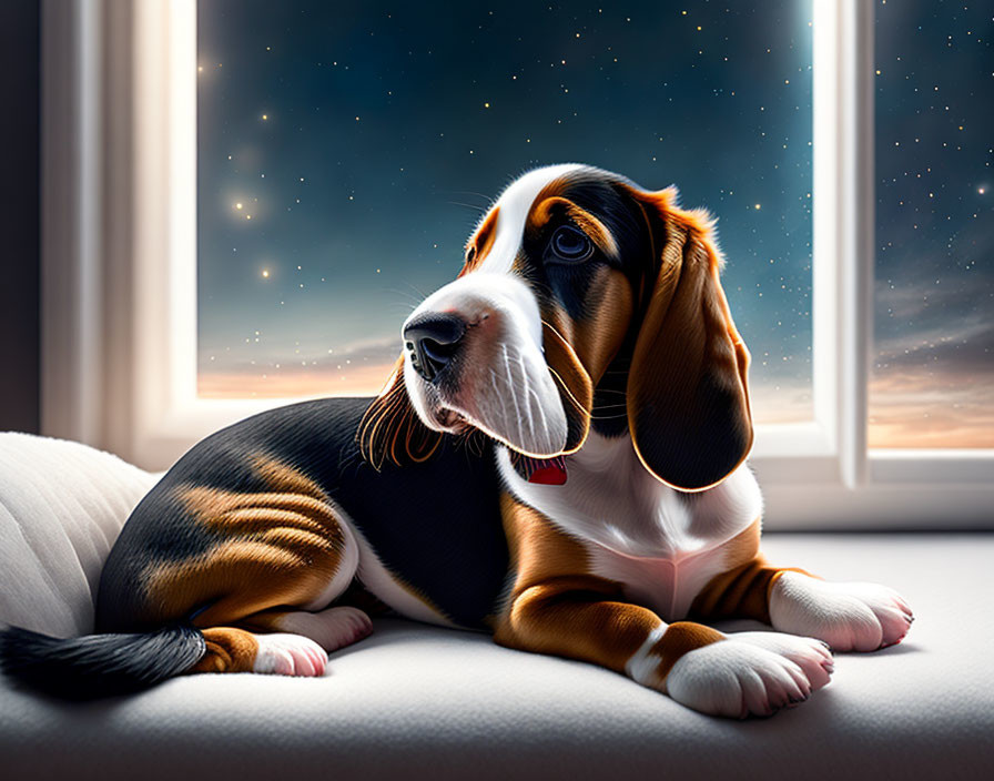 Curious beagle puppy gazes out window at night under starry sky