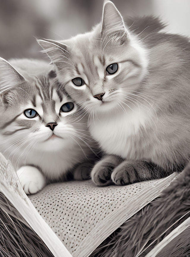 Fluffy cats with blue eyes cuddling on open book