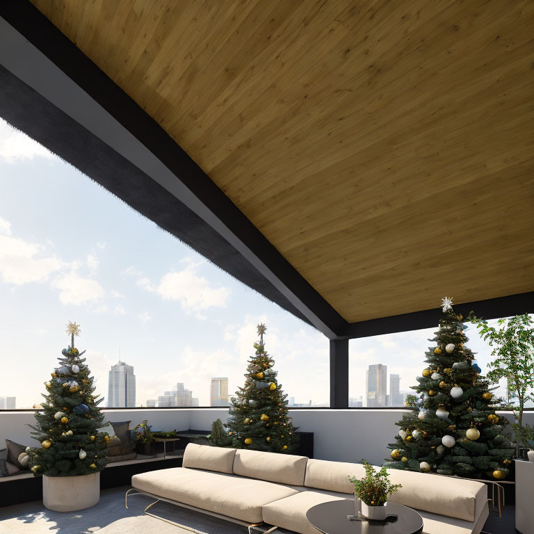 Contemporary terrace with wooden ceiling, beige sofa, coffee table, and Christmas trees overlooking city skyline