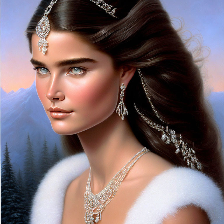 Woman with long brown hair and blue eyes in snowy mountain digital art