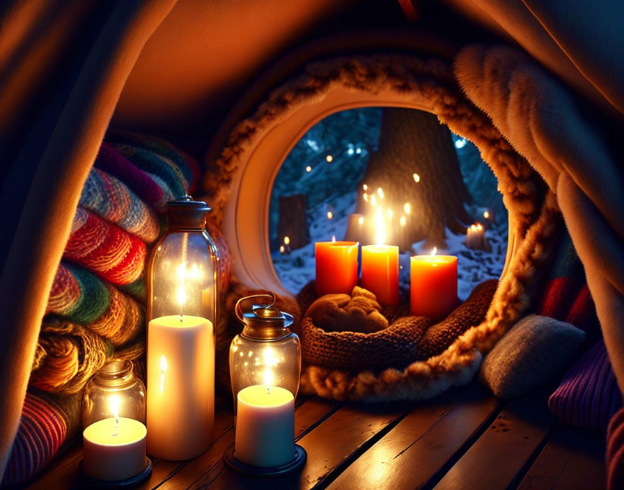 Warm Indoor Tent Scene with Candles, Lanterns, Knitted Blankets, and Fairy Lights Through