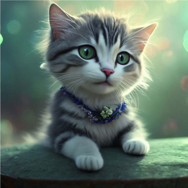 Tabby kitten with green eyes and floral necklace on bokeh background