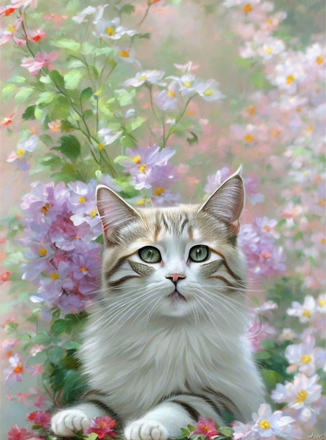 Fluffy Cat with Green Eyes in Colorful Flower Garden