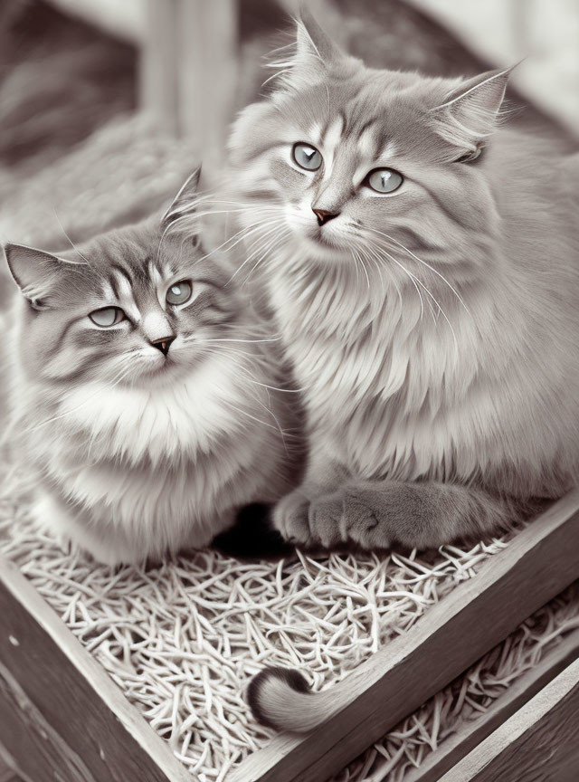 Two fluffy cats with striking eyes on wooden structure in monochrome.