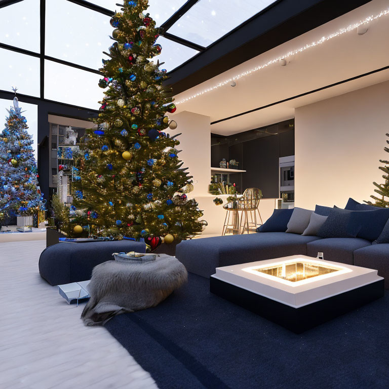 Modern Living Room with Two Christmas Trees & Glass Ceiling Night Sky