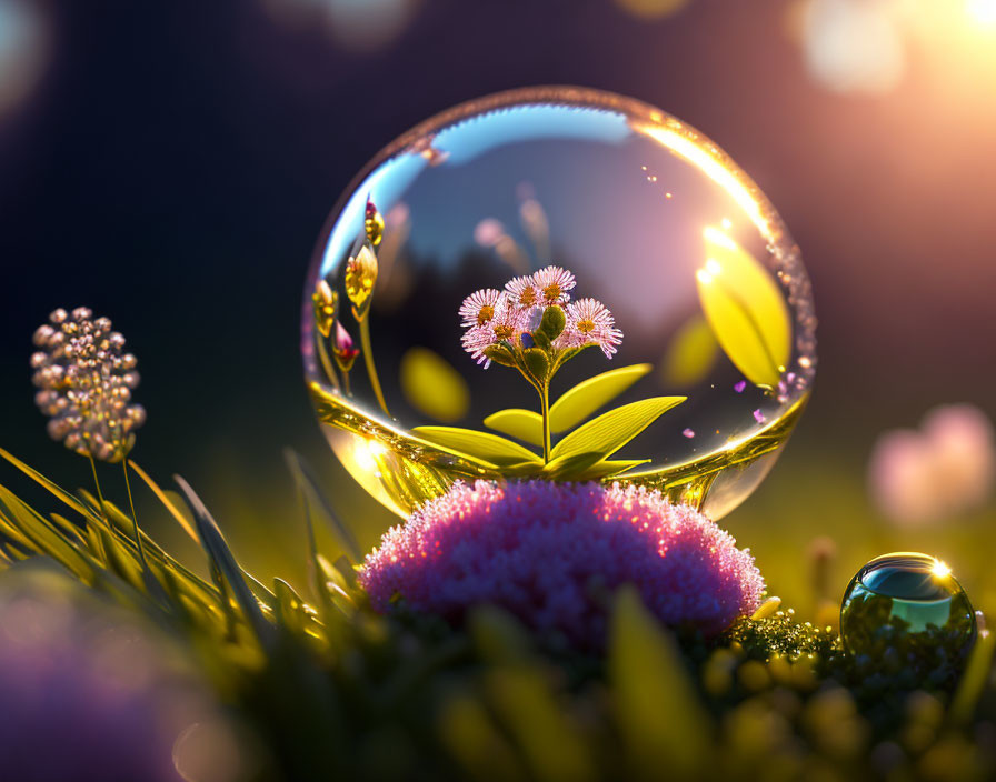 Transparent bubble with pink flowers on moss under soft light and dewdrops