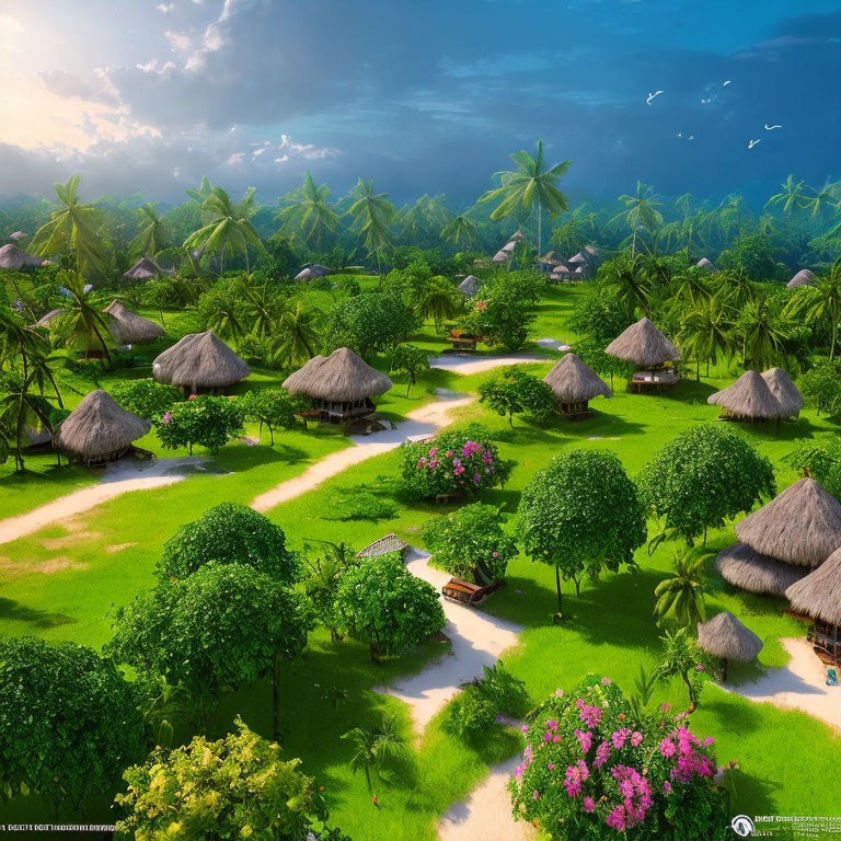 Tranquil tropical village with thatched huts, lush greenery, winding river, and blo