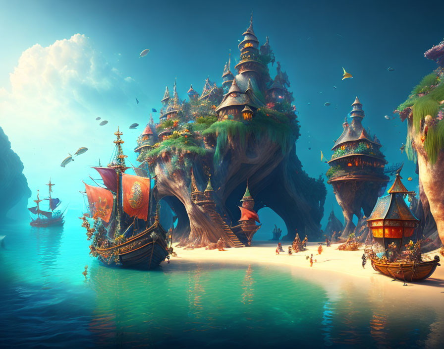 Whimsical island with towers, treetop structures, ships, blue ocean, clear sky