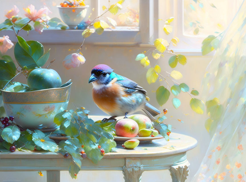 Cute bird, spring fruit table