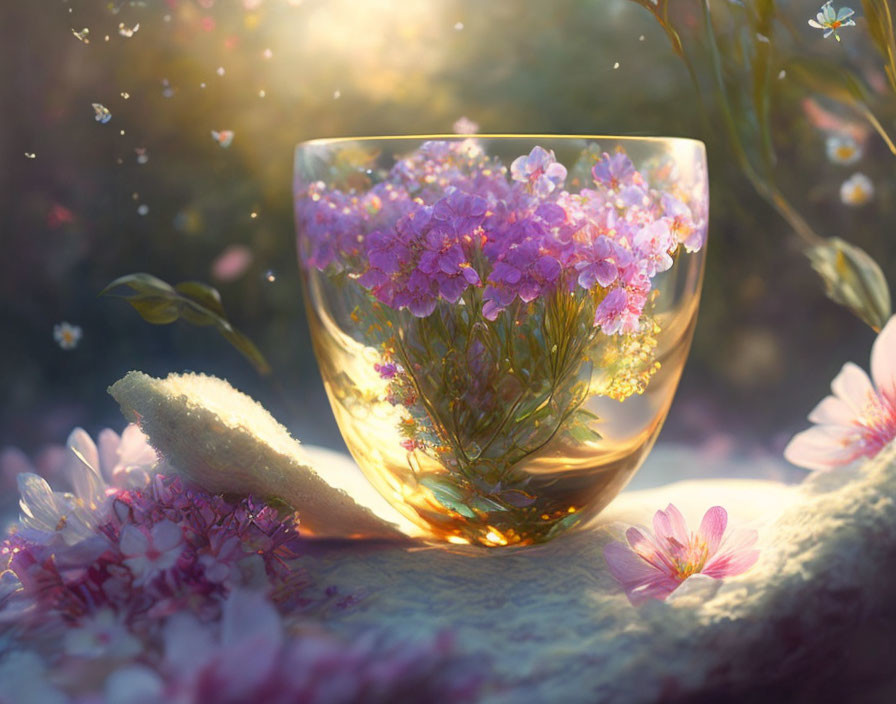 Transparent Cup with Blooming Purple Flowers in Warm Sunlight