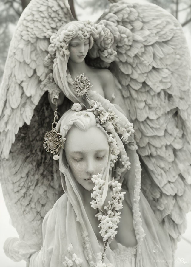 Detailed sculpture of serene female figures with angelic wings and ornate adornments
