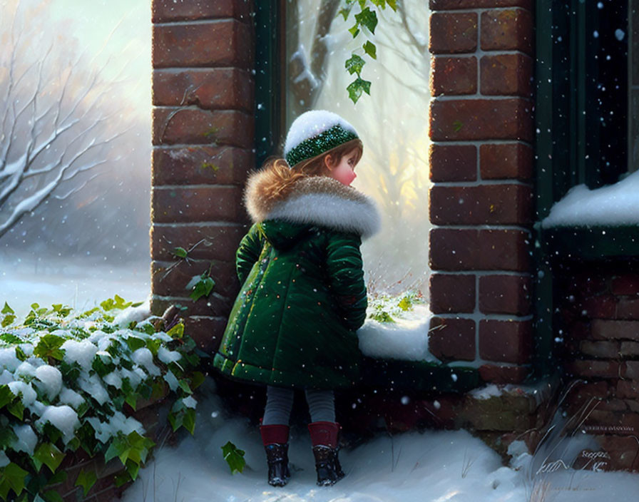 Child in Green Coat and Winter Hat Peering Through Frosty Window on Snowy Day