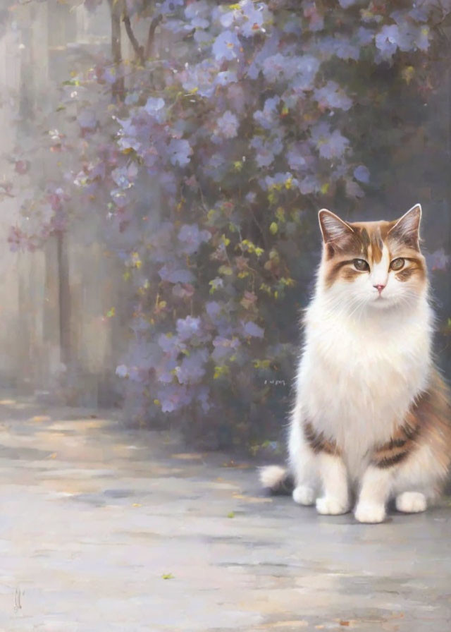 Calico Cat Sitting on Stone Path with Purple Flowers in Background