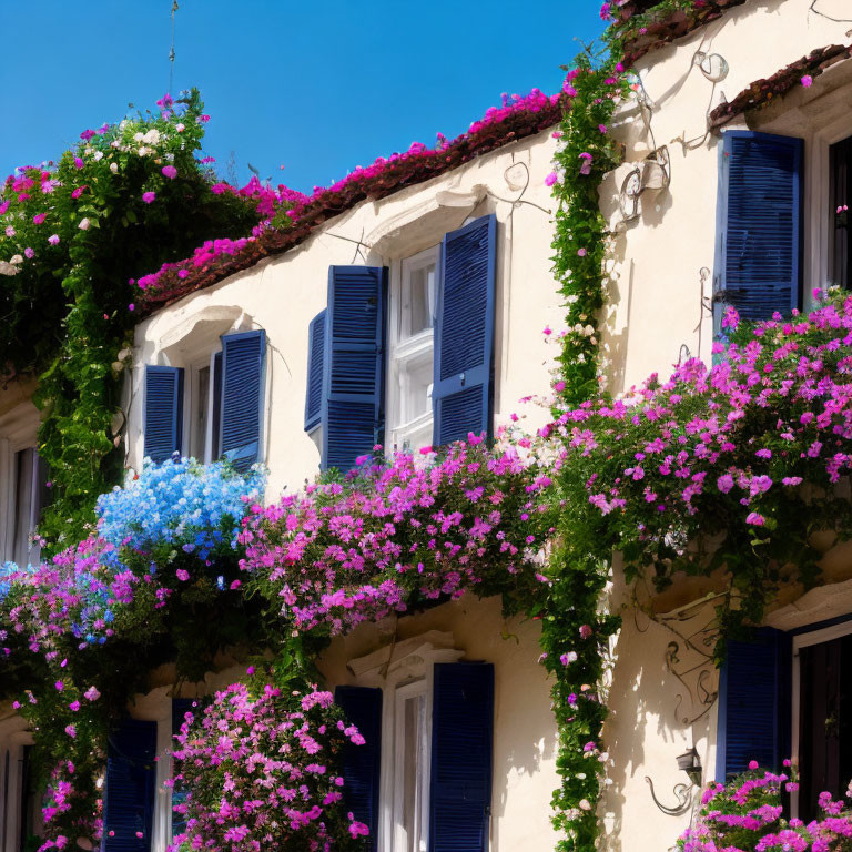 Charming Building with Blue Shutters and Vibrant Flowers