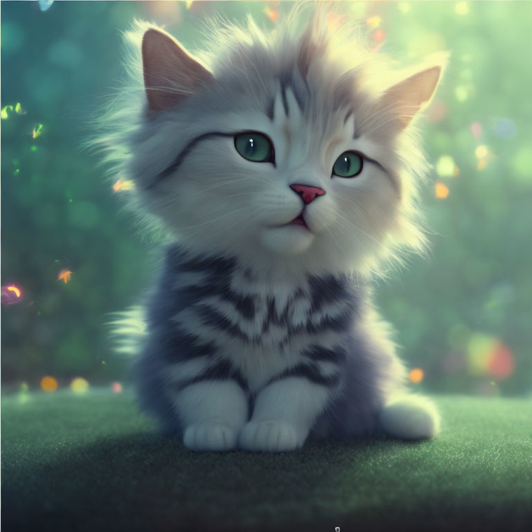 Fluffy striped kitten with green eyes in warm bokeh lights