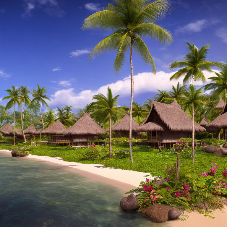Tropical Beach Scene with Thatched Huts and Palm Trees