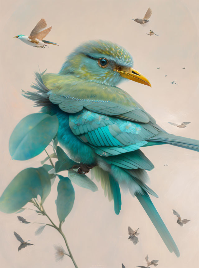 Detailed Illustration of Blue Bird Perched on Branches surrounded by Smaller Birds