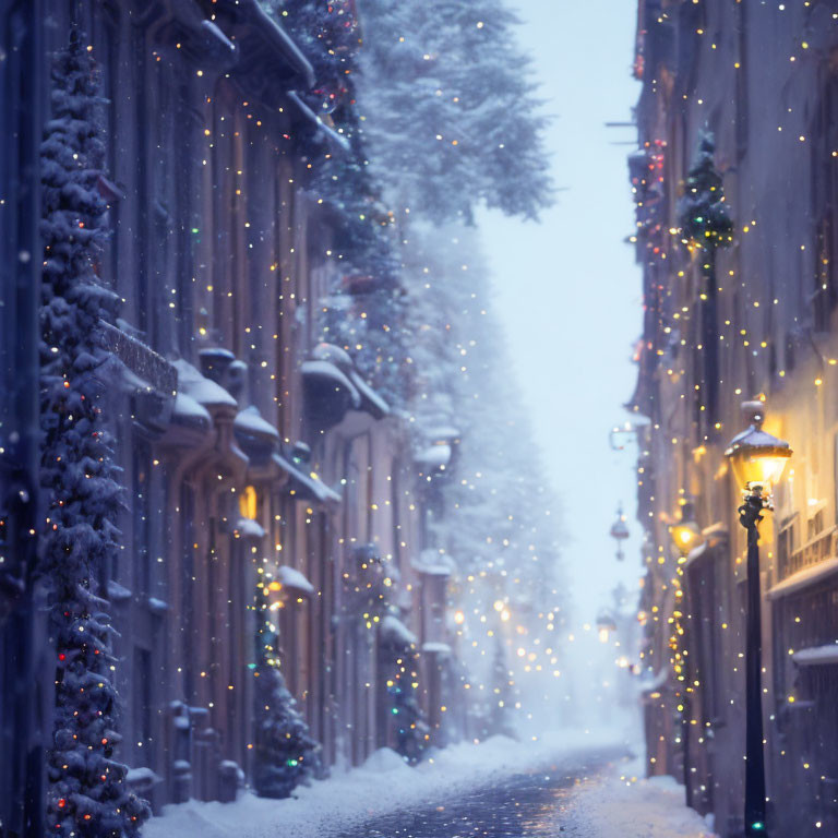 Snowy Evening Scene: Quiet City Street with Festive Lights, Snow-Covered Trees, and
