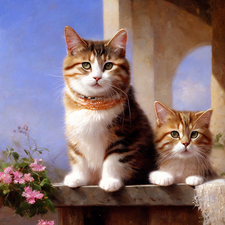 Fluffy Tabby Cats with Green Eyes on Sunlit Ledge Beside Pink Flowers