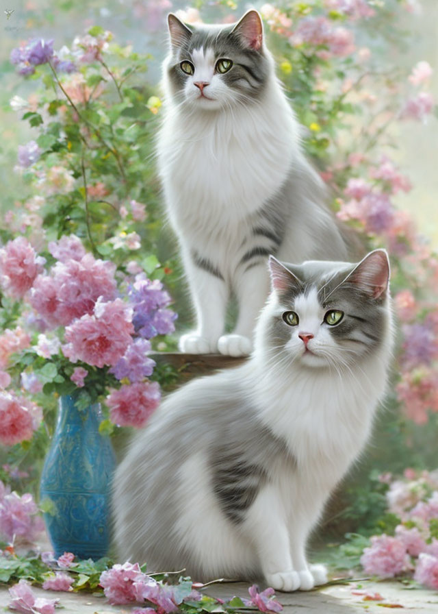 Fluffy Cats in Blooming Flower Setting with Blue Vase