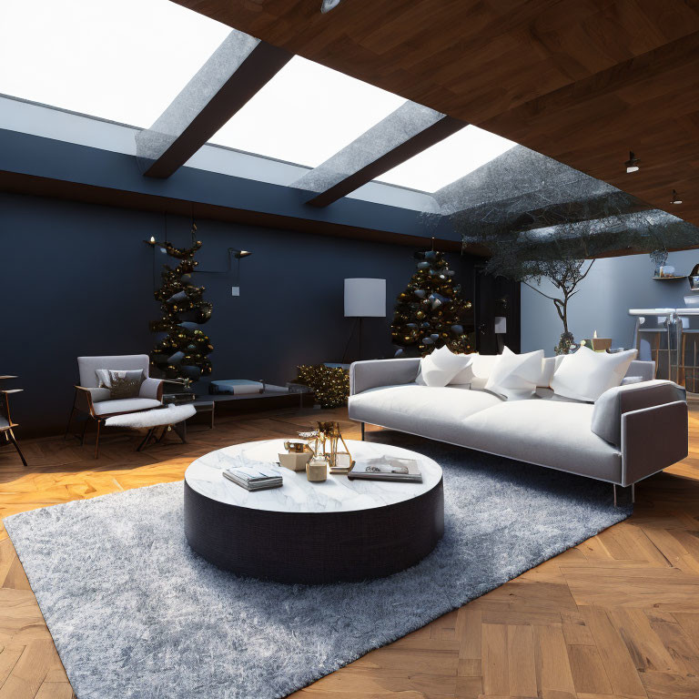Stylish living room with navy blue walls, white couches, Christmas trees, and wooden ceiling